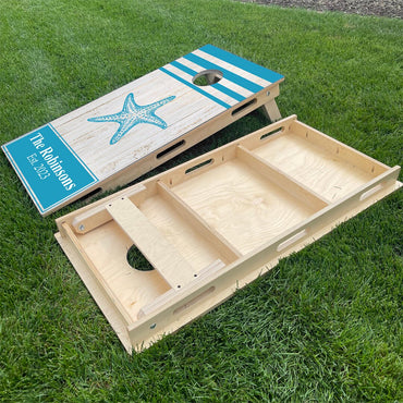 White Wood Planks Star Fish & Last Name | Blue