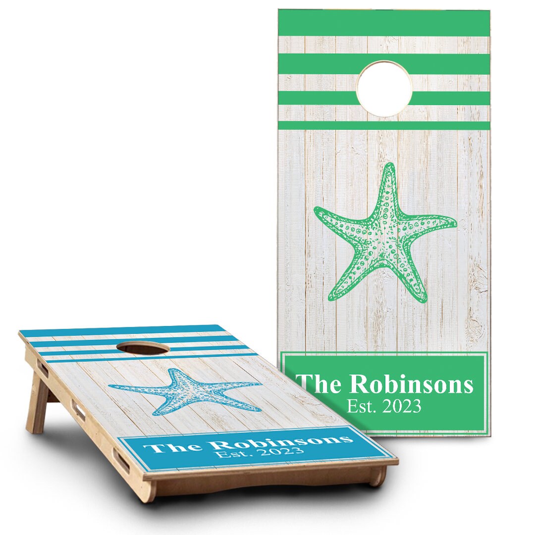 White Wood Planks Star Fish & Last Name | Blue & Green