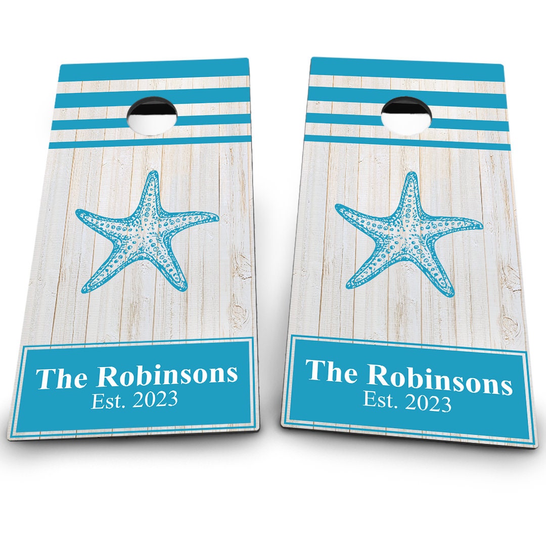 White Wood Planks Star Fish & Last Name | Blue