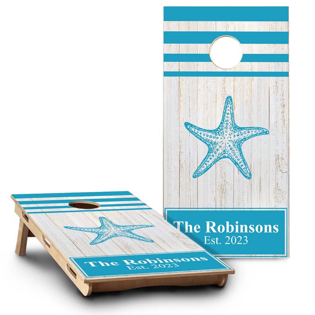 White Wood Planks Star Fish & Last Name | Blue