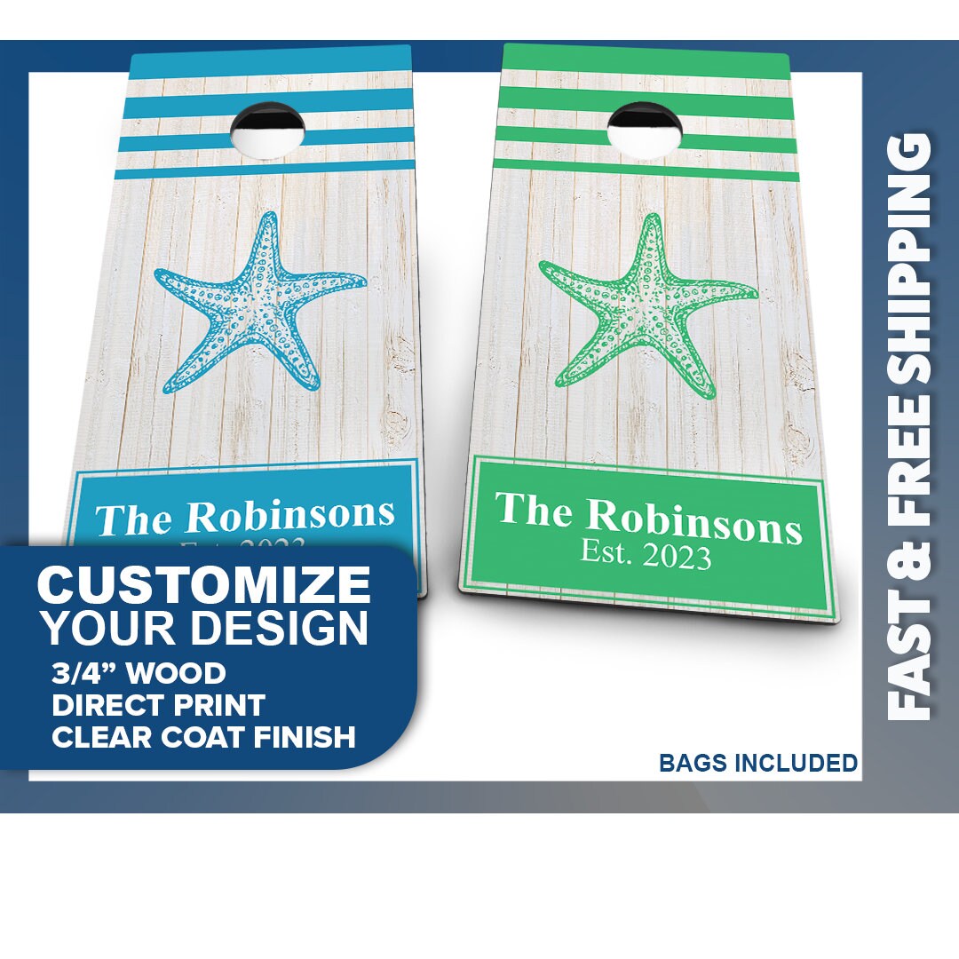 White Wood Planks Star Fish & Last Name | Blue & Green