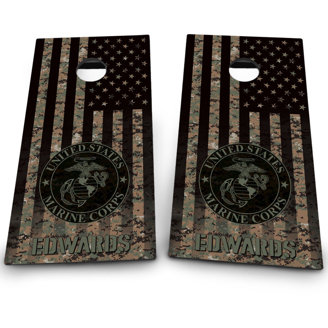 Military Marine Corps Emblem on Camo American Flag & Last name