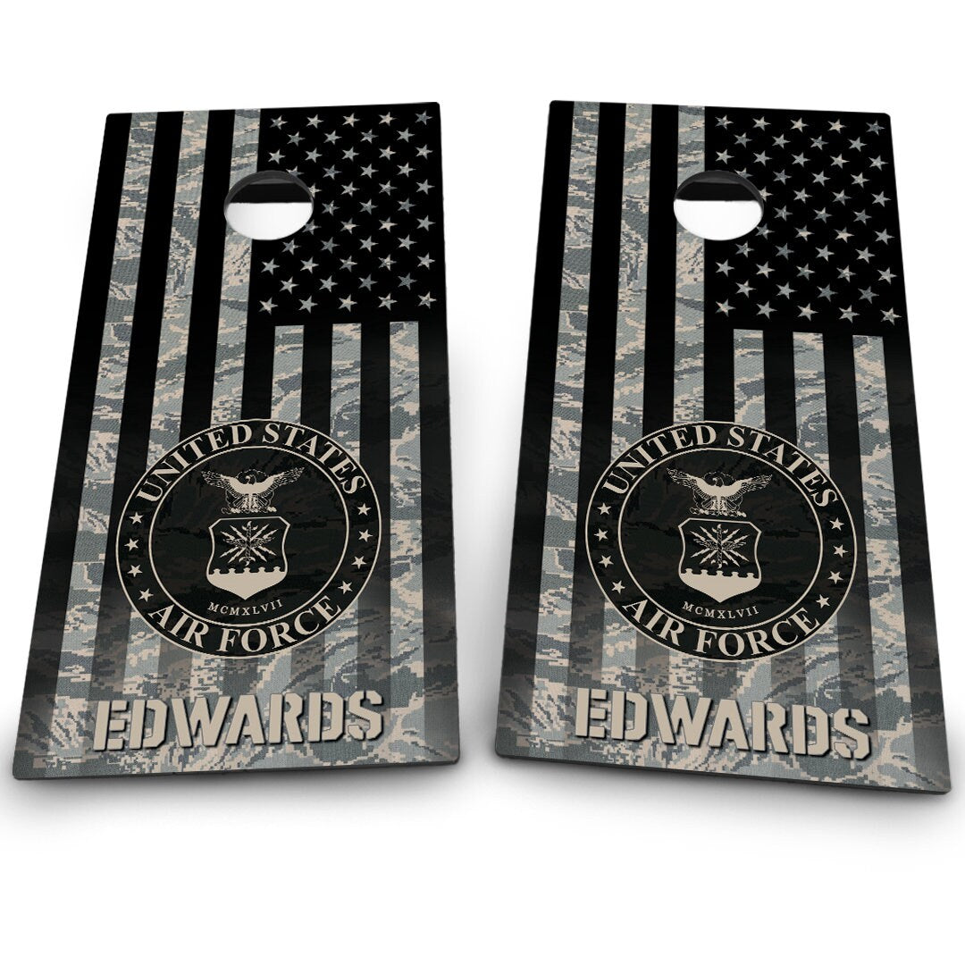 Military Air Force Emblem on Camo American Flag & Last name