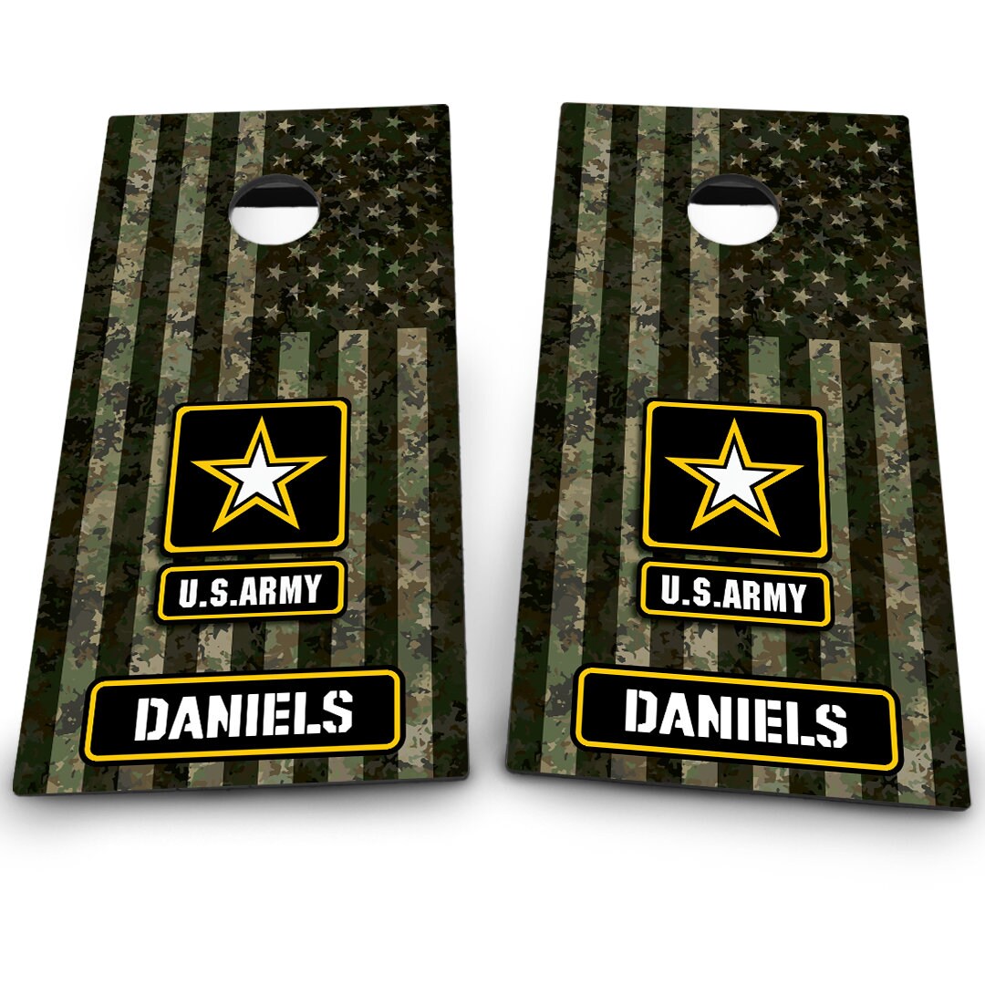 Military Army Logo on Camo American Flag & Last name