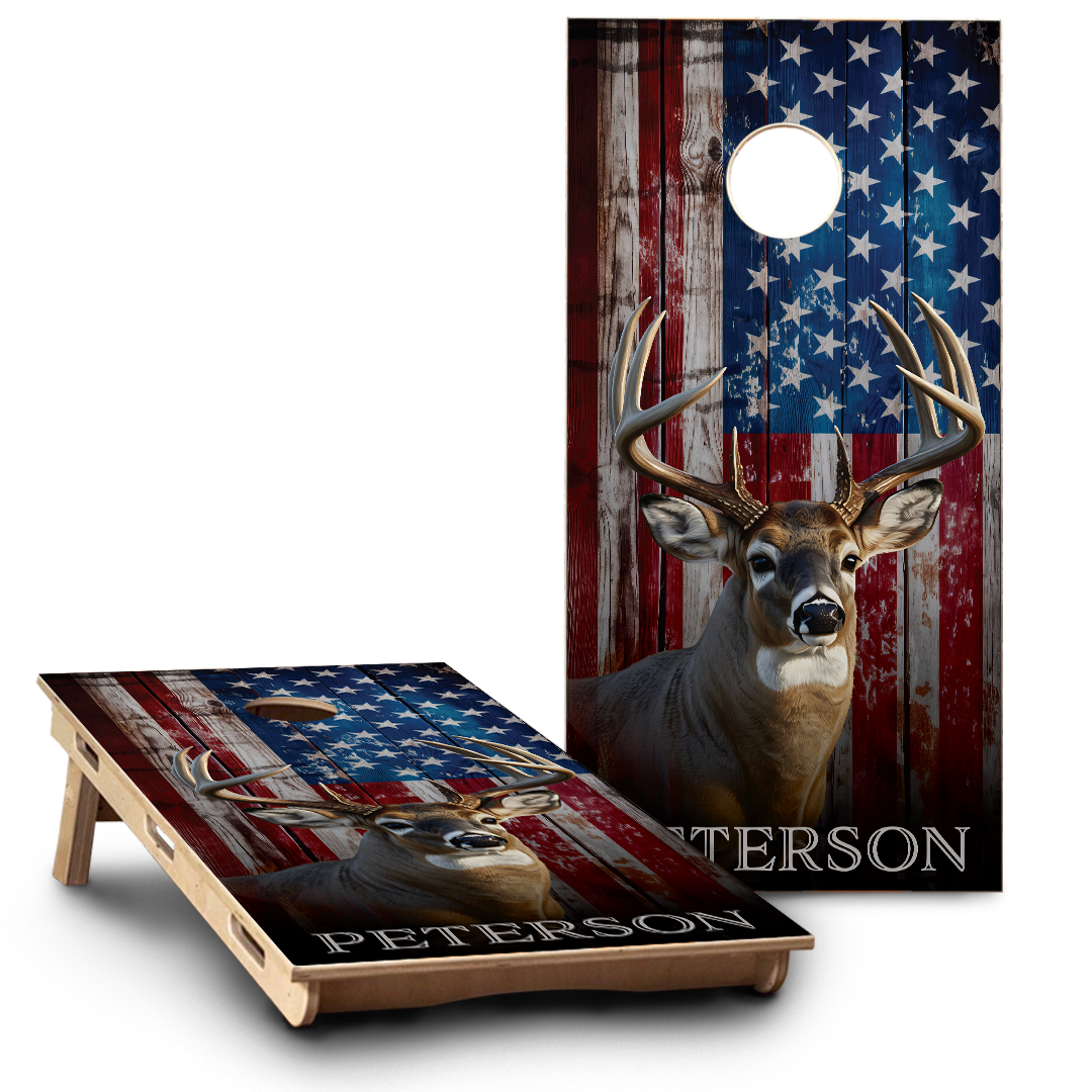 Colored Wood American Flag & White Tail Buck
