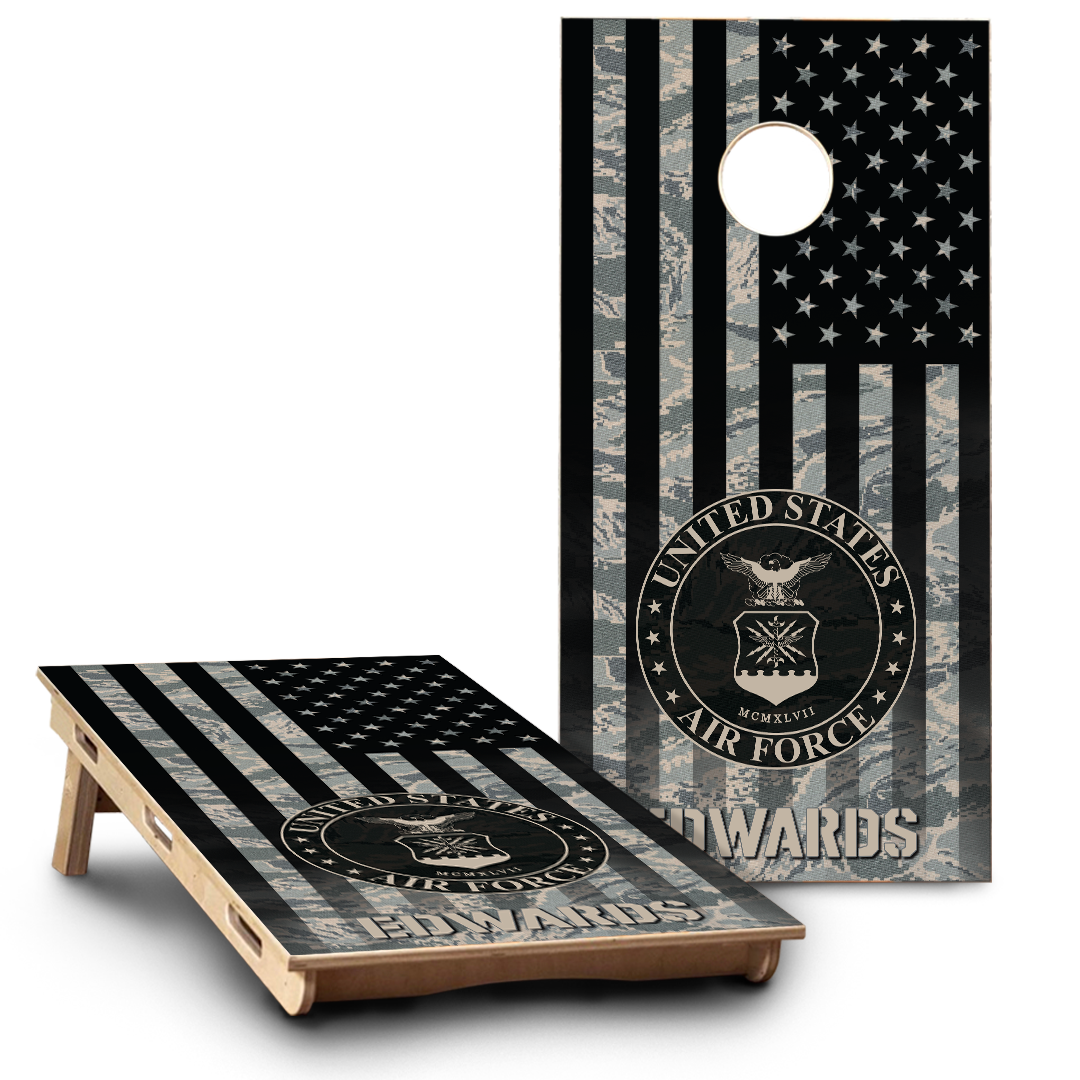Military Air Force Emblem on Camo American Flag & Last name