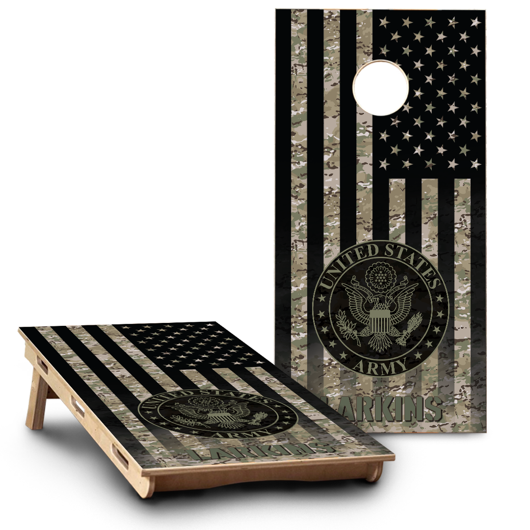 Military Army Emblem on Camo American Flag & Last name