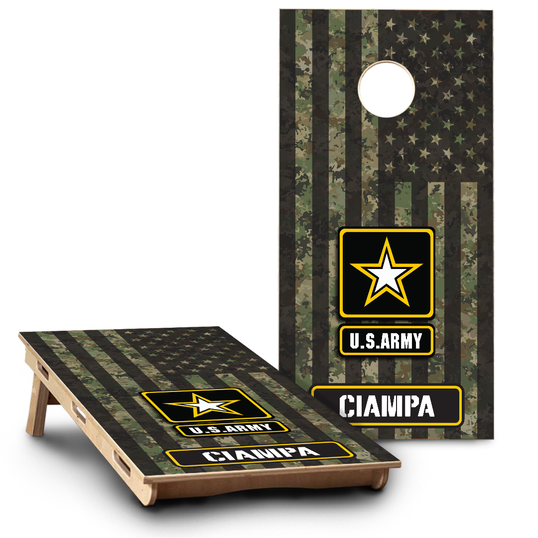 Military Army Logo on Camo American Flag & Last name