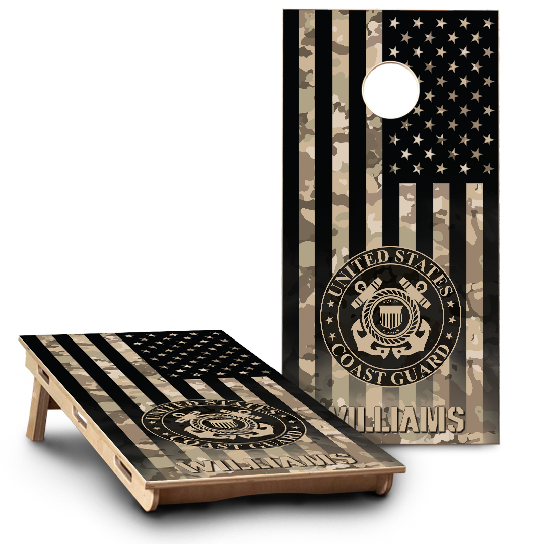 Military Coast Guard Emblem on Camo American Flag & Last name