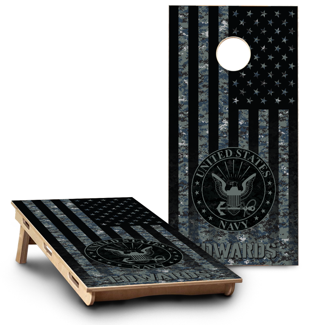 Military Navy Emblem on Camo American Flag & Last name