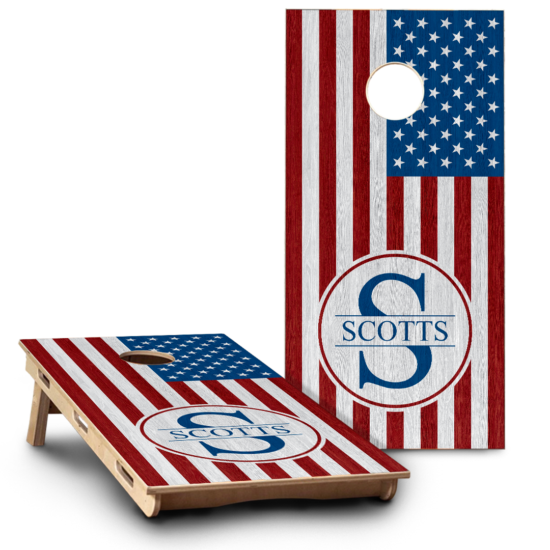 Wood American Flag with Red & Blue Tones Monogram