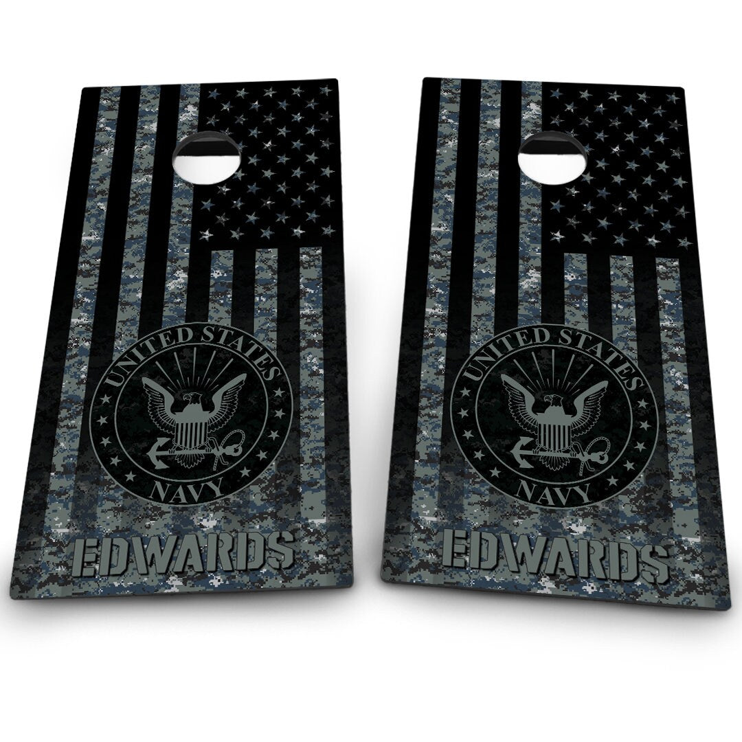 Military Navy Emblem on Camo American Flag & Last name