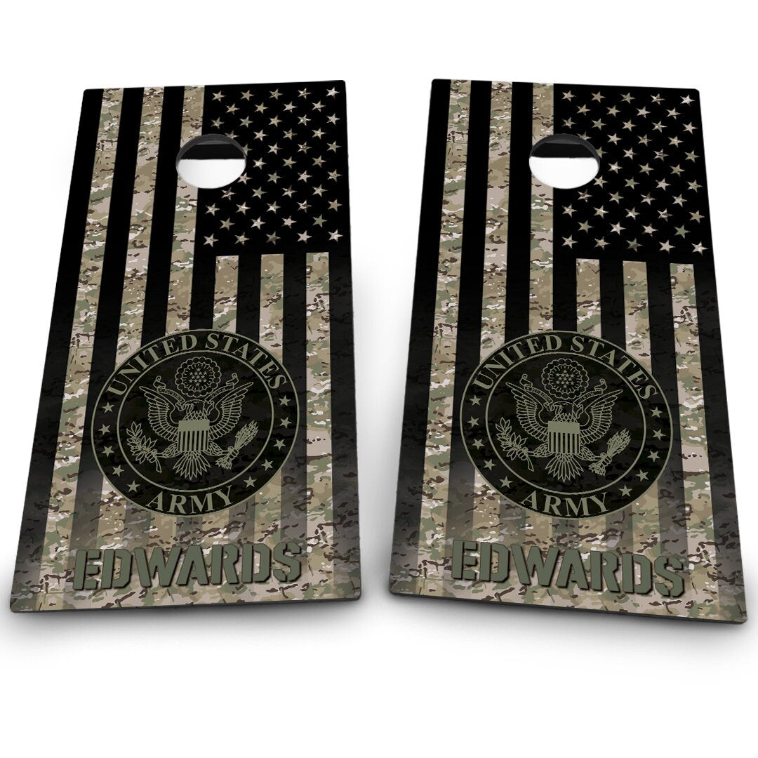 Military Army Emblem on Camo American Flag & Last name