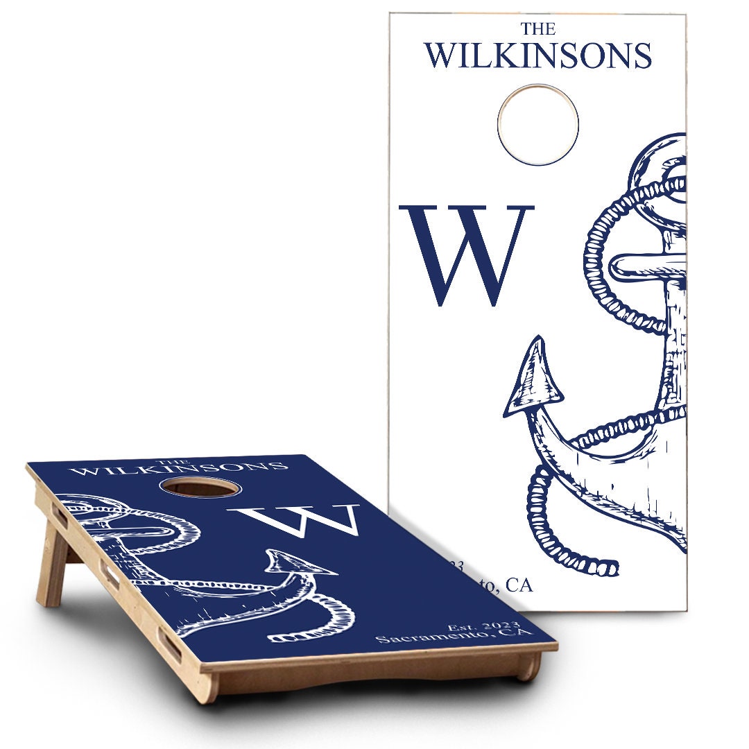 Half Anchor with Last Name & Monogram | White & Blue | 2 Designs