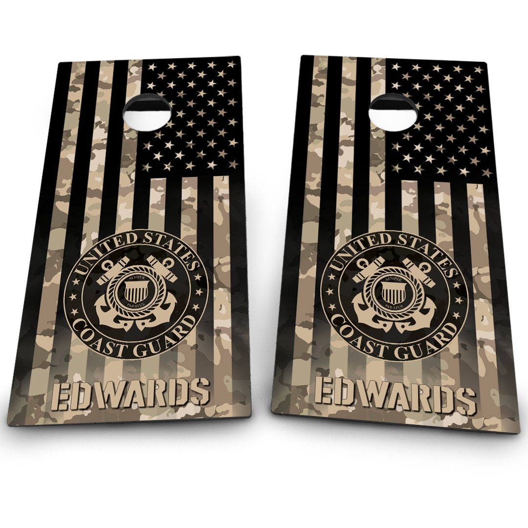 Military Coast Guard Emblem on Camo American Flag & Last name