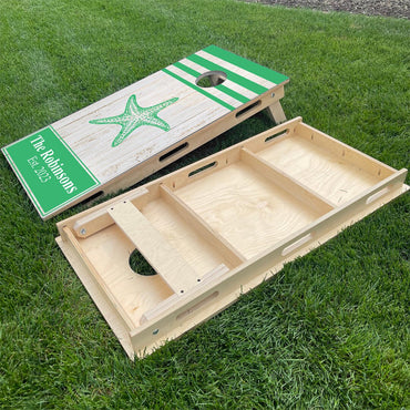 White Wood Planks Star Fish & Last Name | Blue & Green