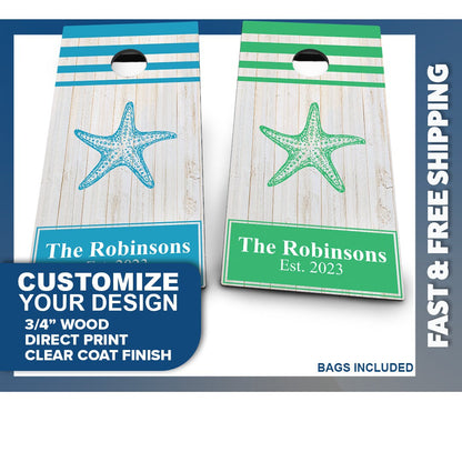White Wood Planks Star Fish & Last Name | Blue & Green