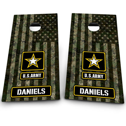 Military Army Logo on Camo American Flag & Last name