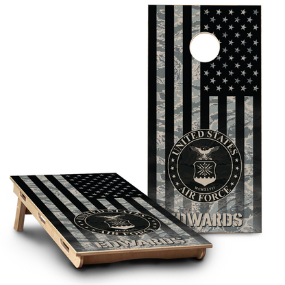 Military Air Force Emblem on Camo American Flag & Last name