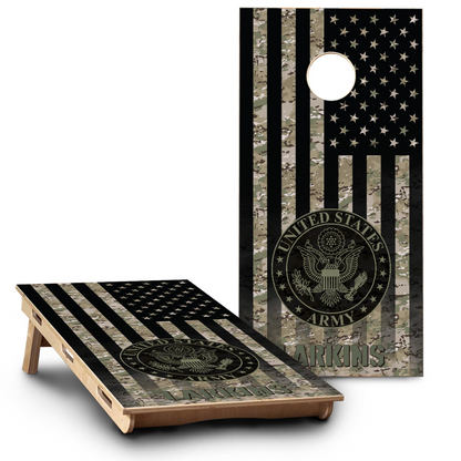 Military Army Emblem on Camo American Flag & Last name