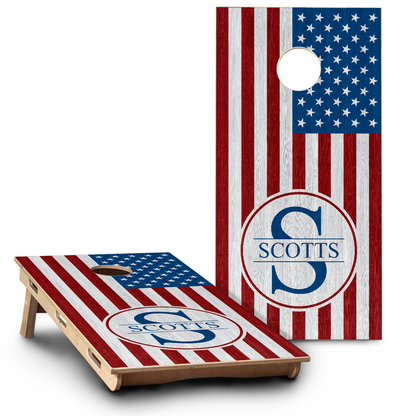 Wood American Flag with Red & Blue Tones Monogram