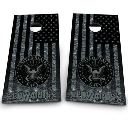 Military Navy Emblem on Camo American Flag & Last name
