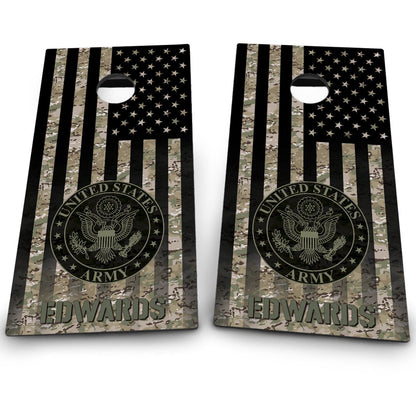 Military Army Emblem on Camo American Flag & Last name