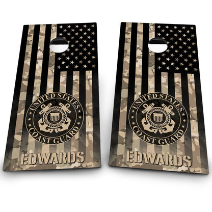 Military Coast Guard Emblem on Camo American Flag & Last name